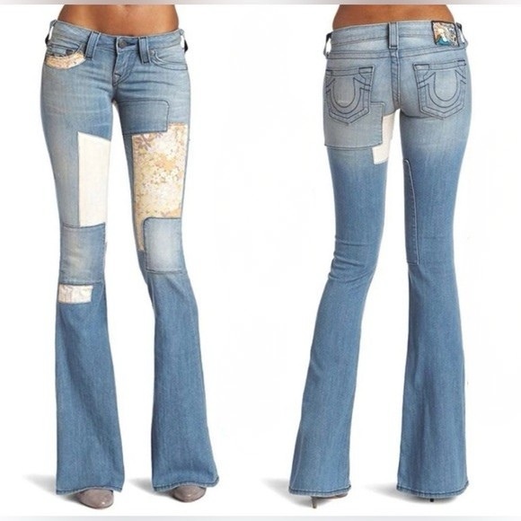 True Religion Denim - True Religion Light Blue Patchwork Flare Jeans with Cream Floral Details